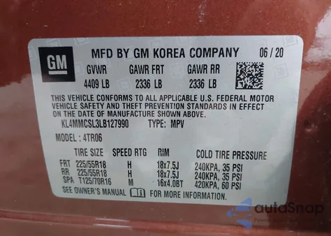 2020 Buick Encore Gx Awd Preferred z USA, uszkodzony, nr VIN KL4MMCSL3LB127990